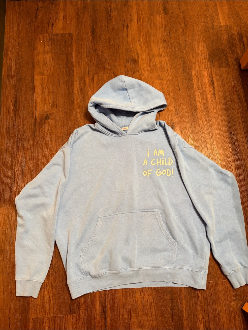 Elevated Faith Hoodie baby blue women’s sz L I am child of God. 70% cotton EUC